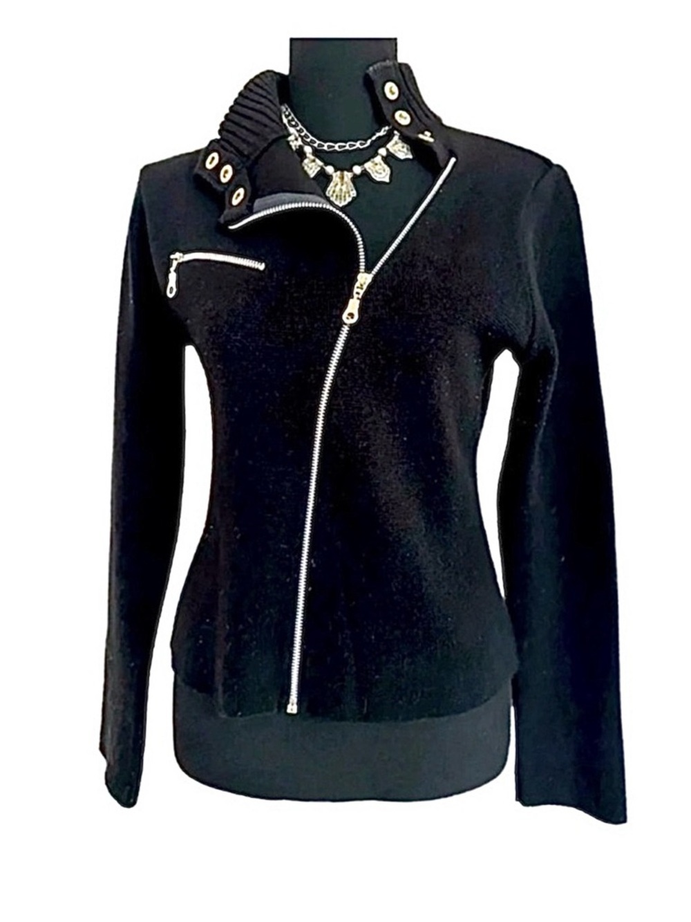 JENNYFER ~ Women’s long-sleeve black turtleneck asymmetrical sweater size L